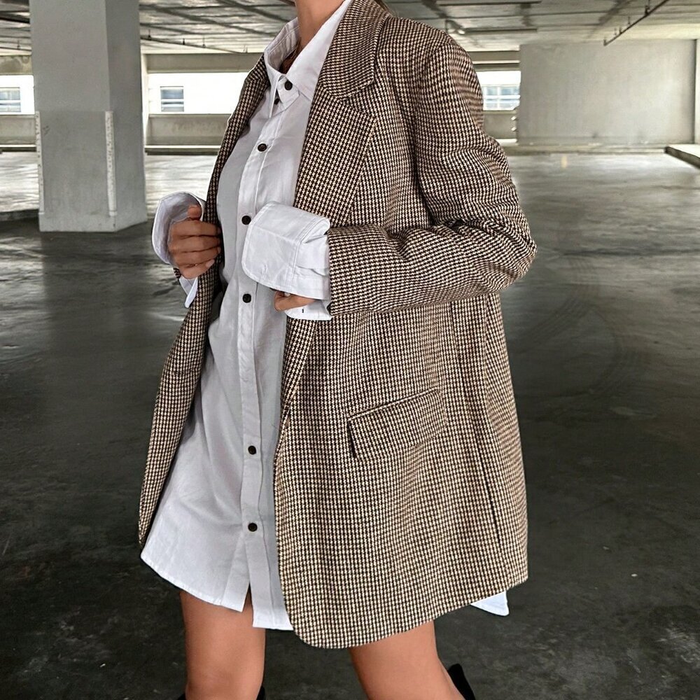 Brown Elegant Women's Lapel Collar Houndstooth Suit Jacket - Picture 6 of 6